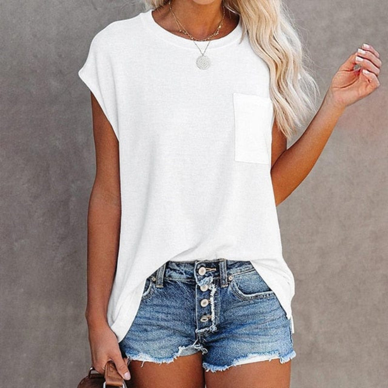 Top in Cotton — Relaxed Fit Cap Sleeve Crew Neck with Chest Pocket for Women