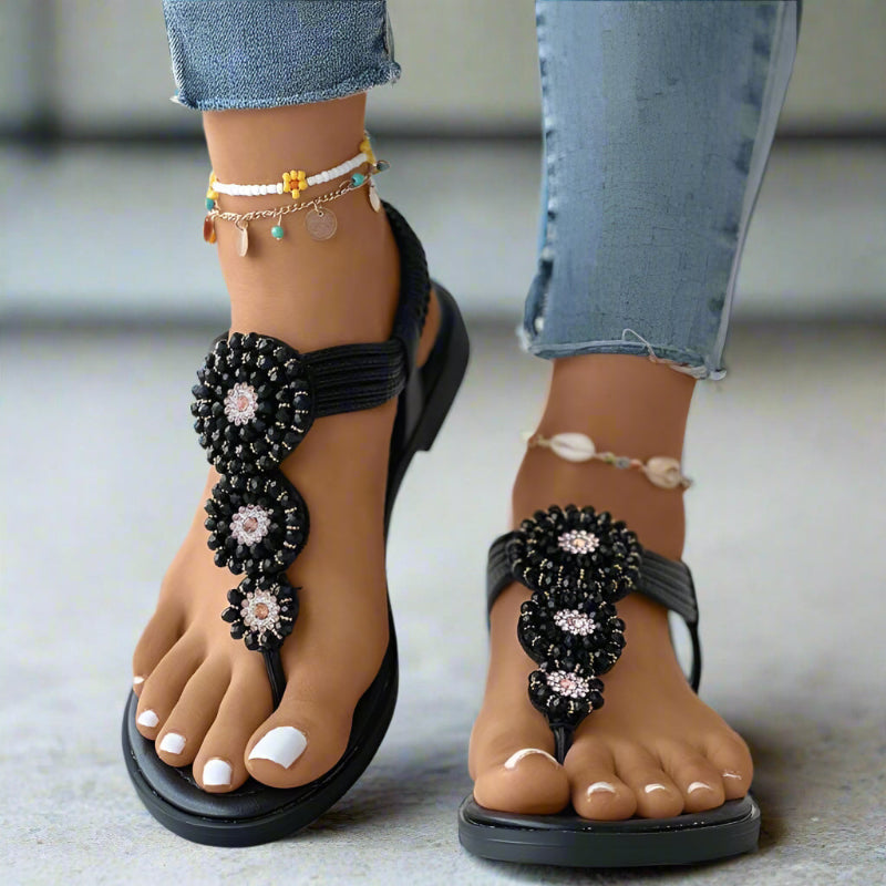 Sandals with Woven Ankle Strap — Flat Boho Thong with Beaded Floral Medallion Detail