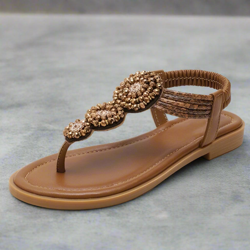 Sandals with Woven Ankle Strap — Flat Boho Thong with Beaded Floral Medallion Detail