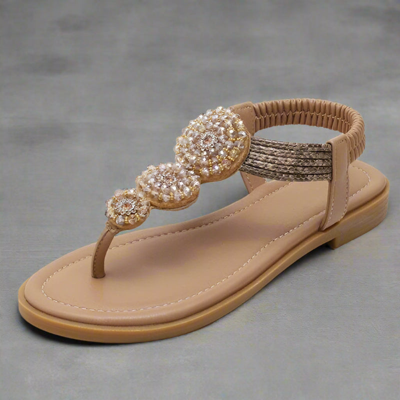 Sandals with Woven Ankle Strap — Flat Boho Thong with Beaded Floral Medallion Detail