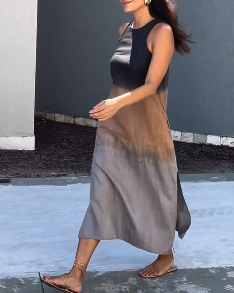 Dress in Viscose Ombre Midi — Sleeveless Crew Neck with Side Slit for Summer