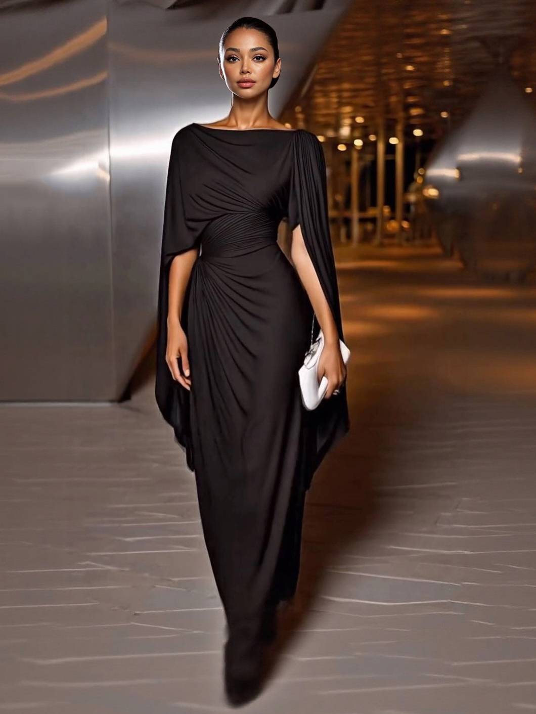 Dress in Chiffon — Cape Sleeve Maxi with Boat Neck and Ruched Waist for Formal Events