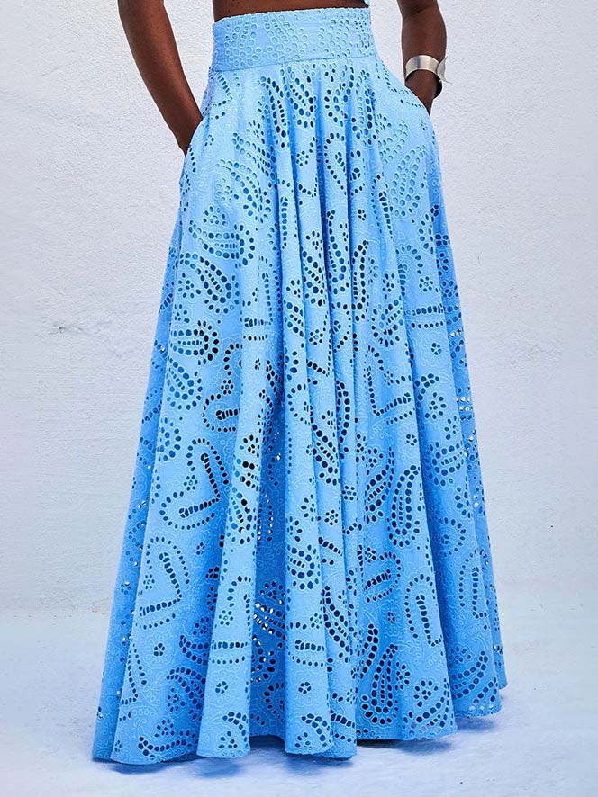 Skirt in Cotton — High Waist Eyelet Lace Maxi in Full A-Line for Boho Summer Style