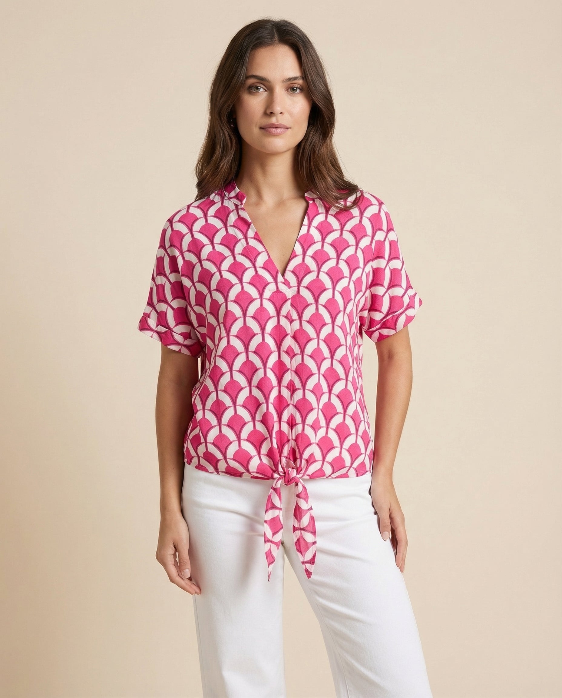Blouse in Viscose — Tie Front with Geometric Print and V Neck Short Sleeves