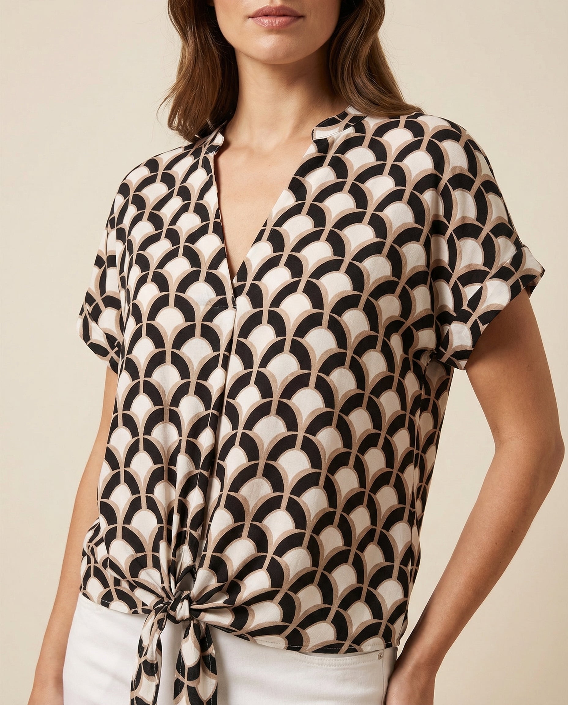 Blouse in Viscose — Tie Front with Geometric Print and V Neck Short Sleeves