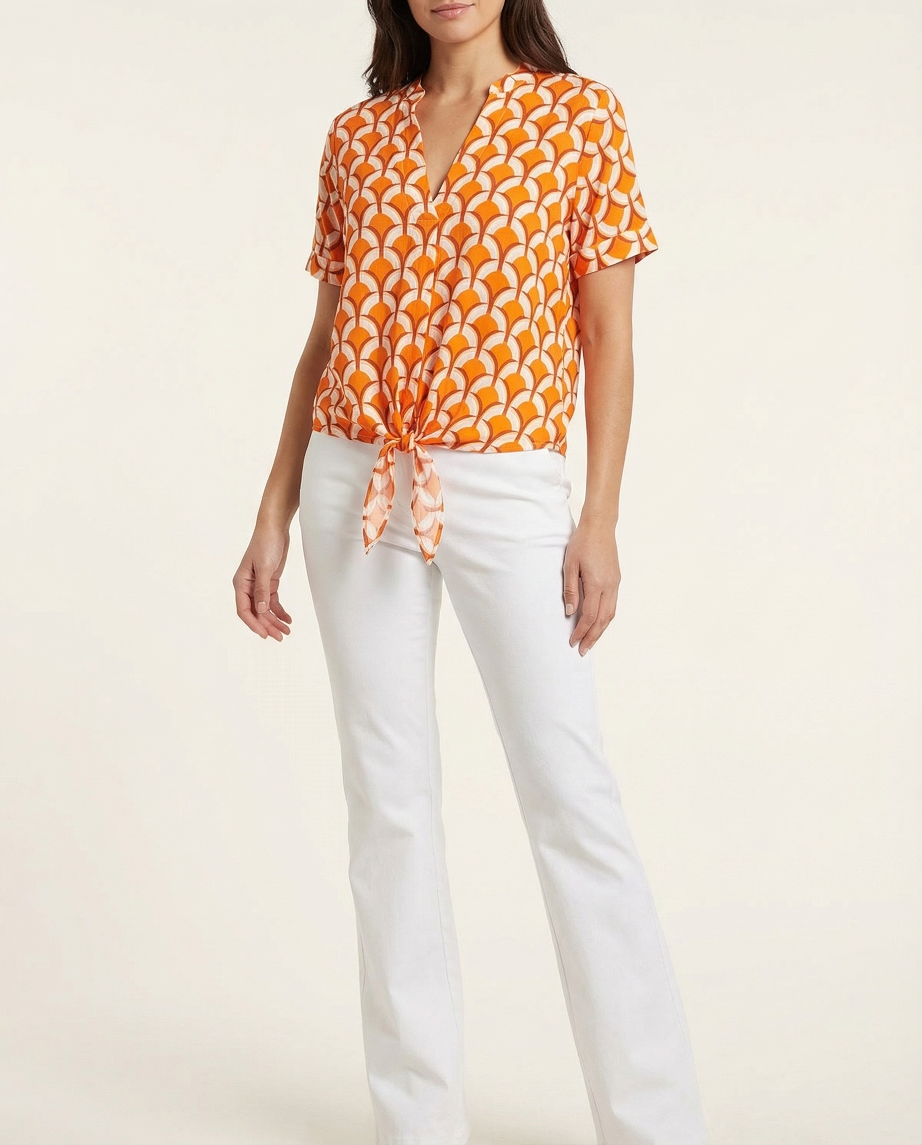 Blouse in Viscose — Tie Front with Geometric Print and V Neck Short Sleeves