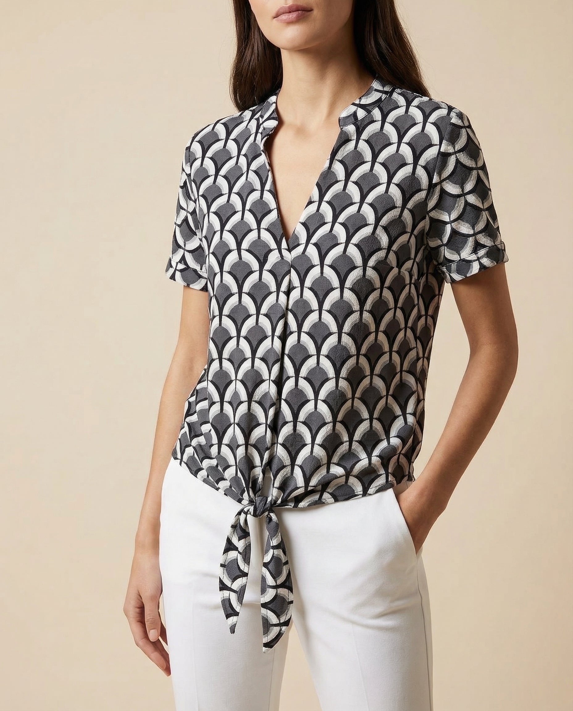 Blouse in Viscose — Tie Front with Geometric Print and V Neck Short Sleeves