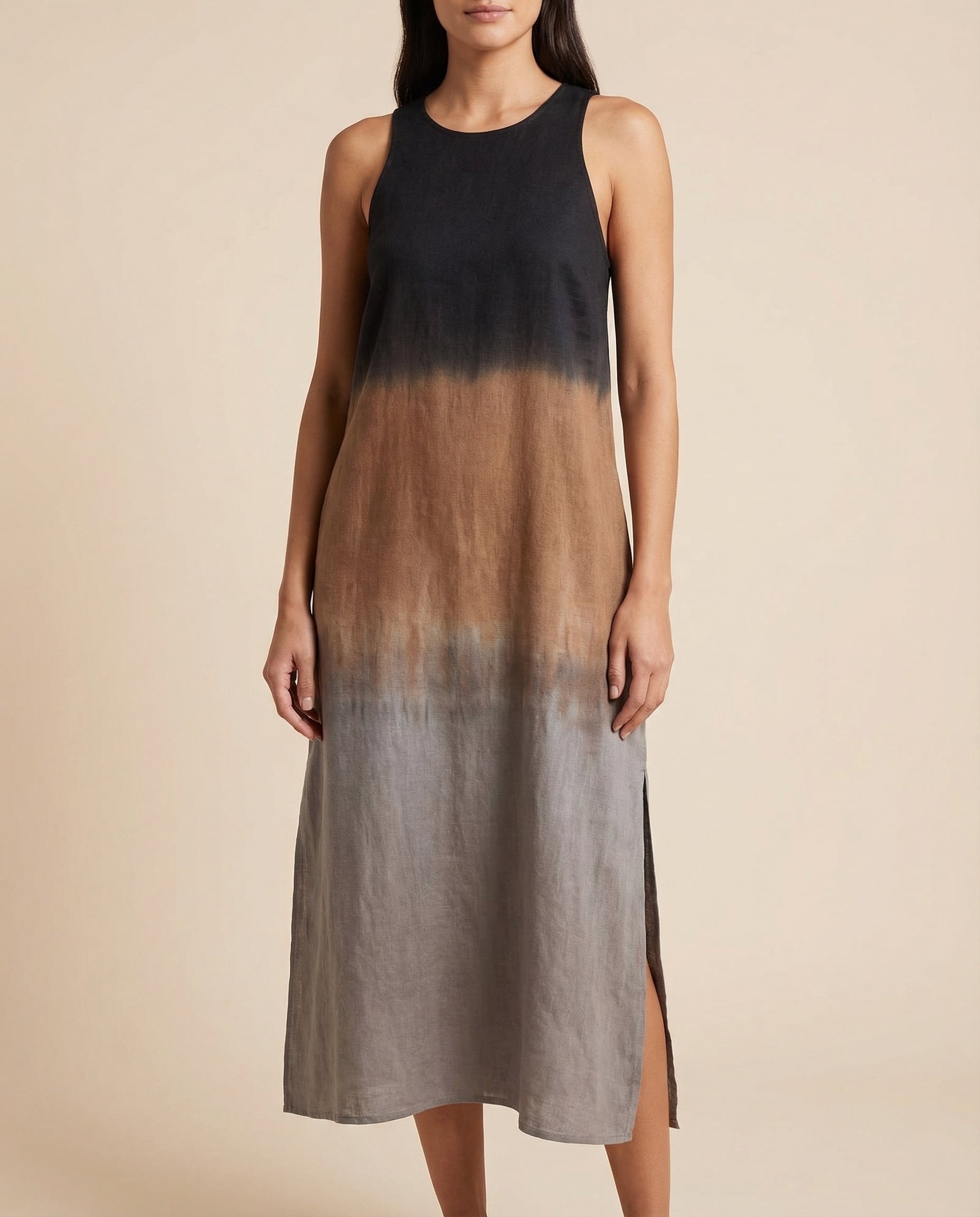 Dress in Viscose Ombre Midi — Sleeveless Crew Neck with Side Slit for Summer