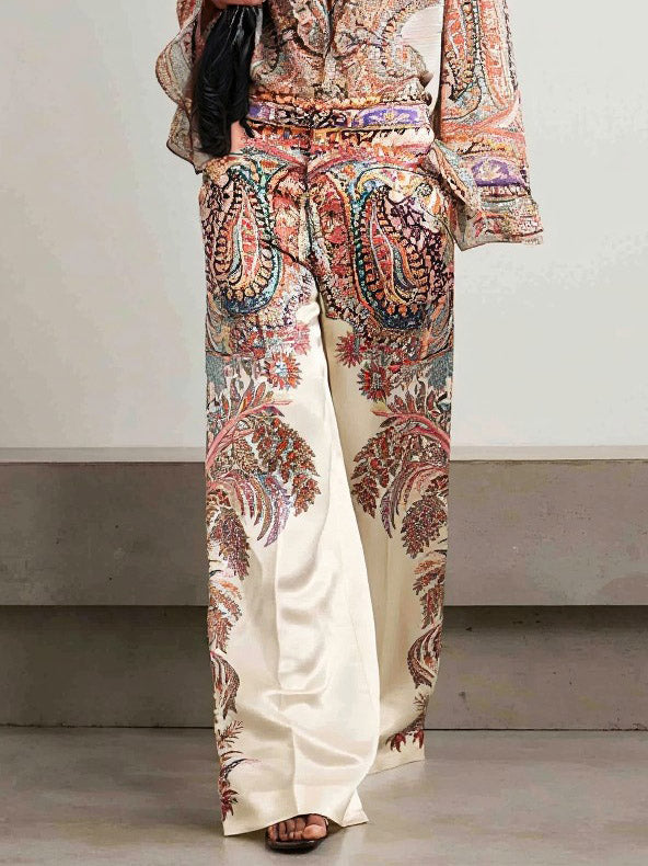 Blouse in Chiffon — Paisley Print with Ruffle V-Neck and Long Bell Sleeves for Boho Style