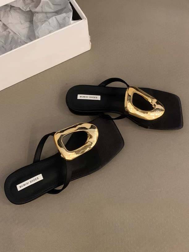 Flat Mules Sandals | Oversized Gold Metal Hardware | Square Toe Open Back Slippers
