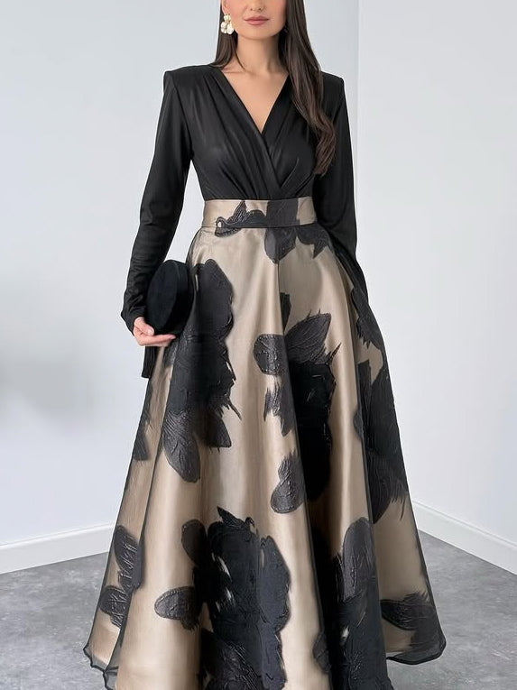 Dress in Organza — Long Sleeve V-Neck Floral Maxi with Full A-Line Skirt for Formal Events
