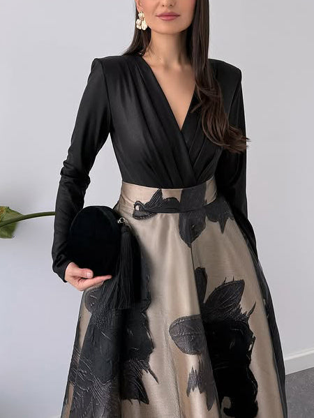 Dress in Organza — Long Sleeve V-Neck Floral Maxi with Full A-Line Skirt for Formal Events