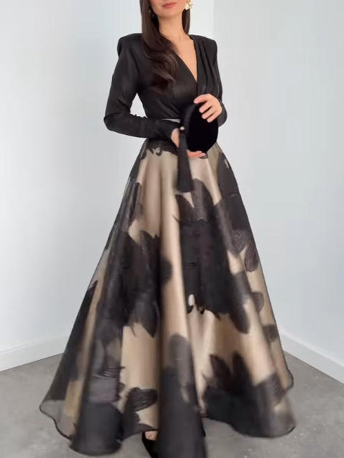 Dress in Organza — Long Sleeve V-Neck Floral Maxi with Full A-Line Skirt for Formal Events