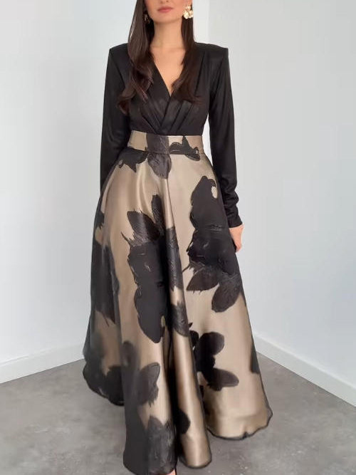 Dress in Organza — Long Sleeve V-Neck Floral Maxi with Full A-Line Skirt for Formal Events