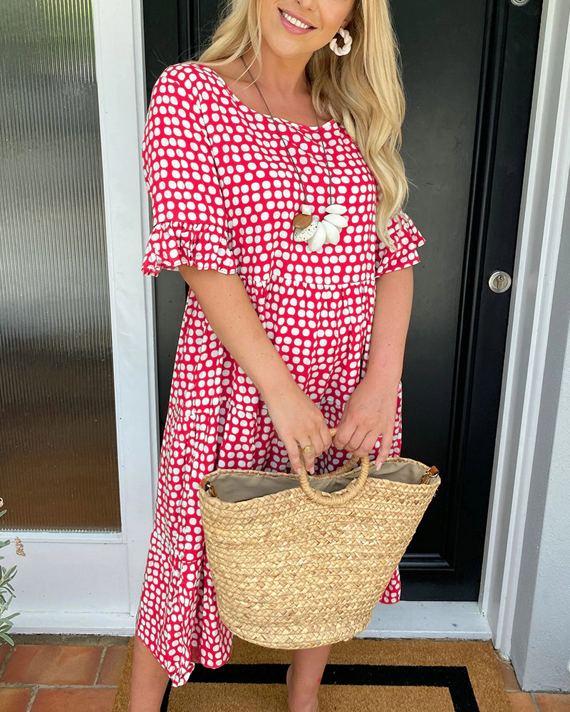 Dress in Viscose — Polka Dot Smocked Waist Midi with Flutter Sleeves and Ruffle Hem