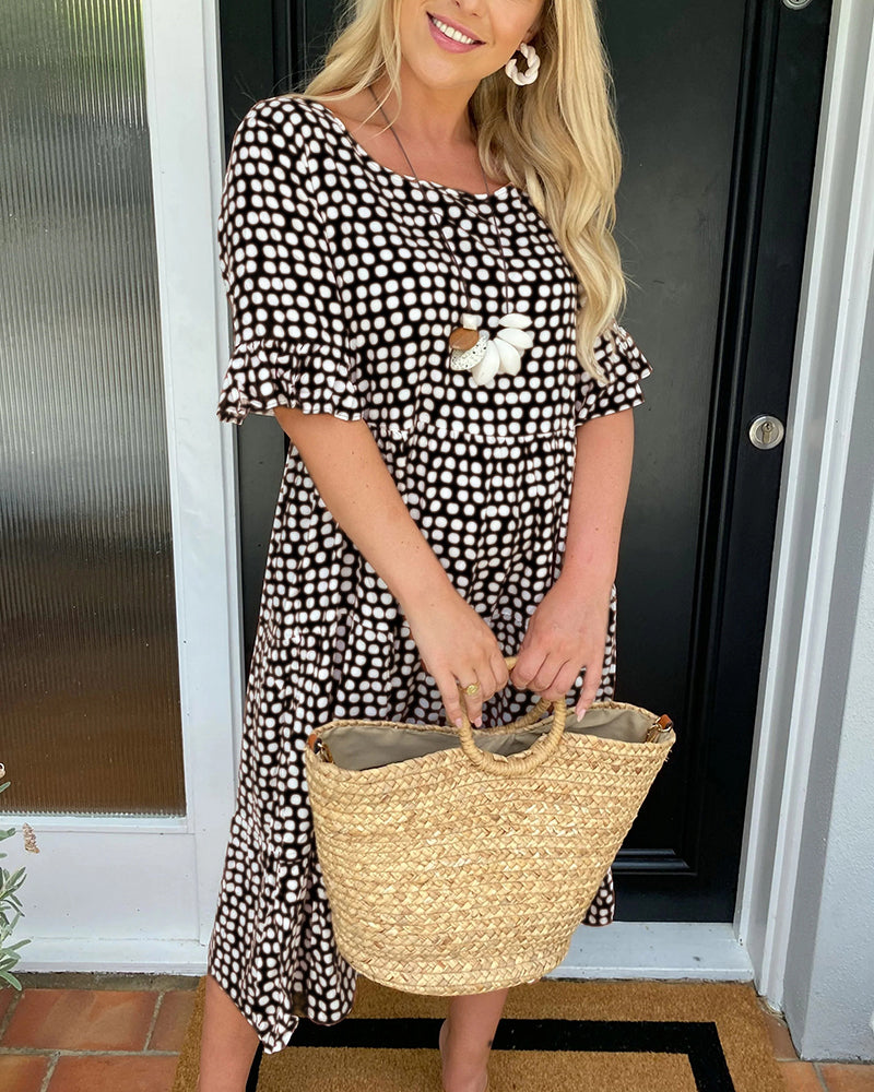 Dress in Viscose — Polka Dot Smocked Waist Midi with Flutter Sleeves and Ruffle Hem