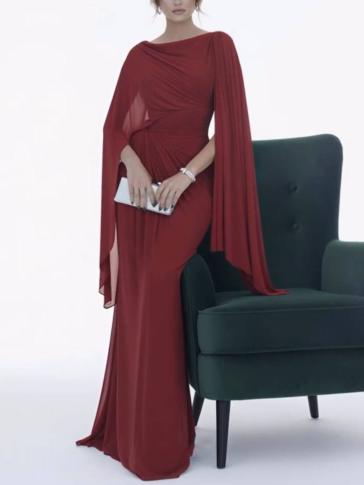Dress in Chiffon — Cape Sleeve Maxi with Boat Neck and Ruched Waist for Formal Events