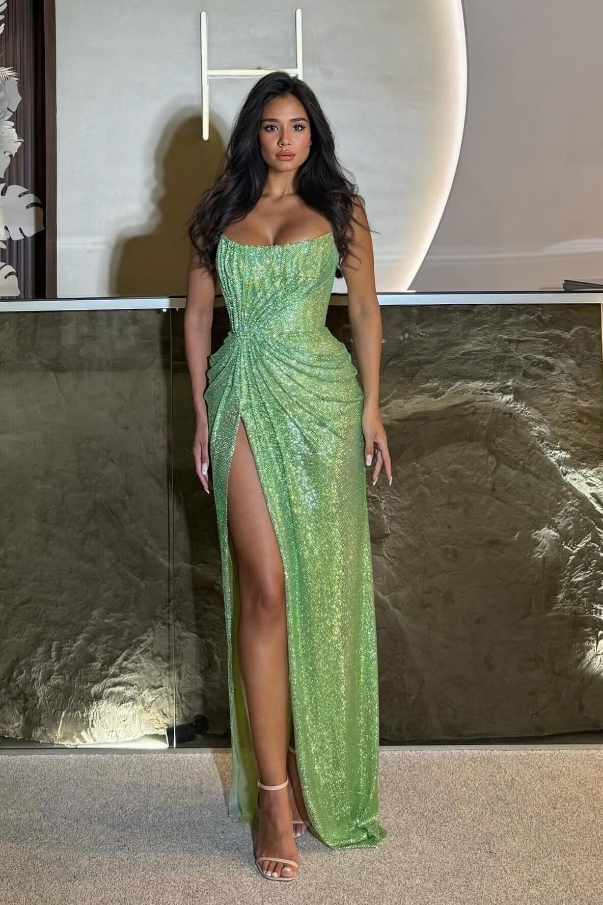 Dress in Sequin — Bodycon Maxi with Ruched Waist and High Slit for Evening