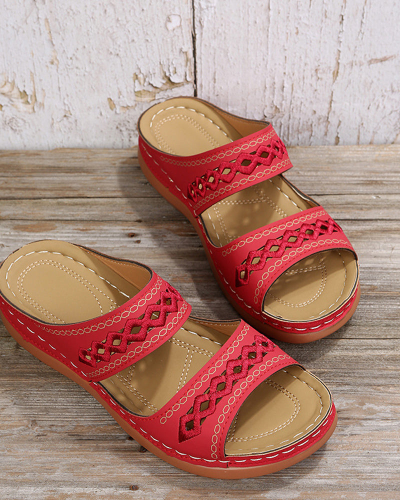 Sandals in Faux Leather — Flatform Boho Slip-On with Embroidered Strap Detail