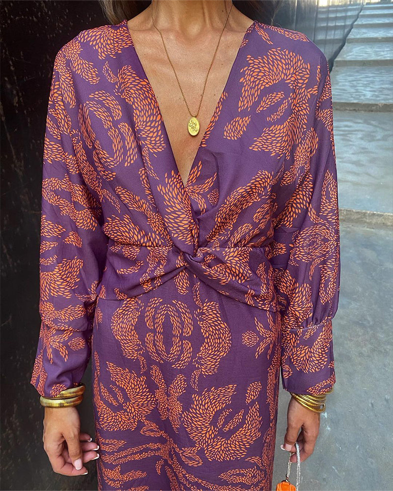 Dress in Viscose Midi — Long Sleeve Twist Front with Deep V-Neck and Botanical Print