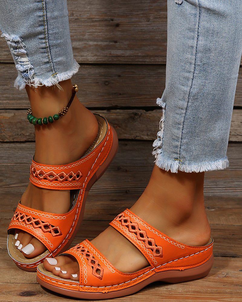 Sandals in Faux Leather — Flatform Boho Slip-On with Embroidered Strap Detail