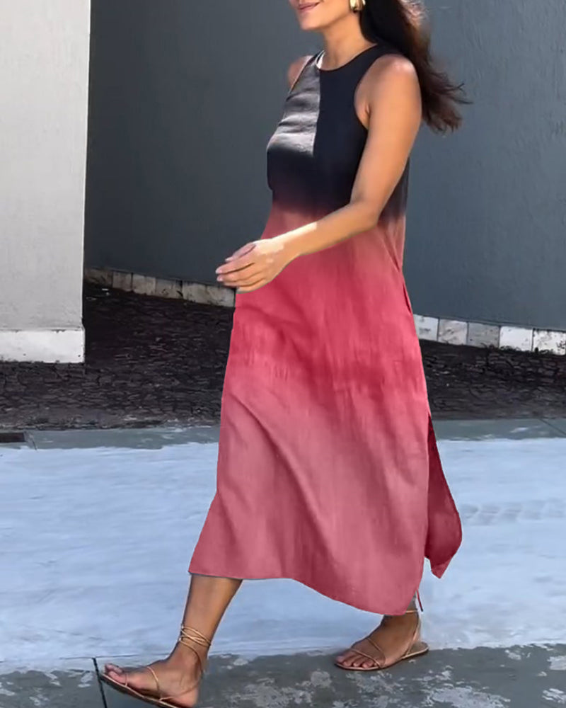 Dress in Viscose Ombre Midi — Sleeveless Crew Neck with Side Slit for Summer