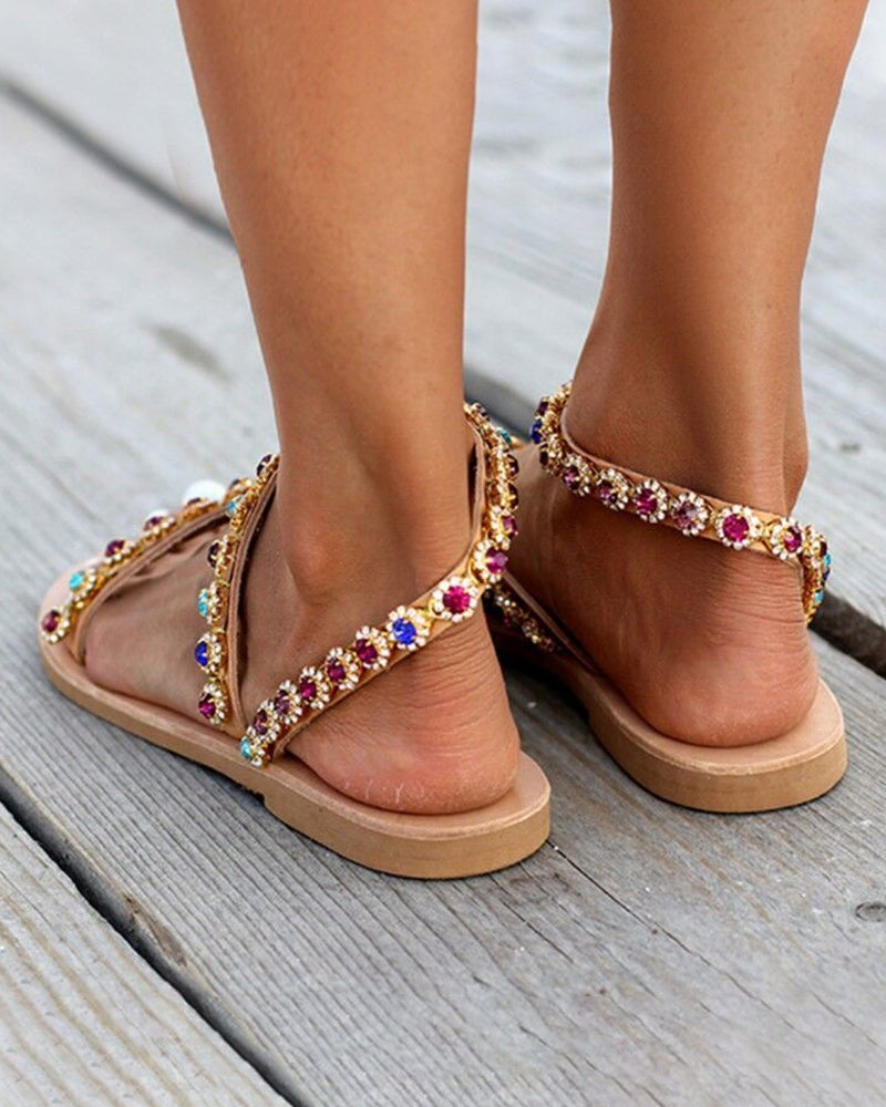 Sandals with Rhinestone Crystal Straps — Flat Jeweled Toe Ring Style for Women