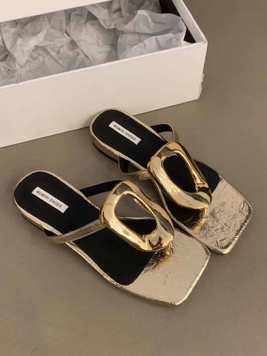 Flat Mules Sandals | Oversized Gold Metal Hardware | Square Toe Open Back Slippers