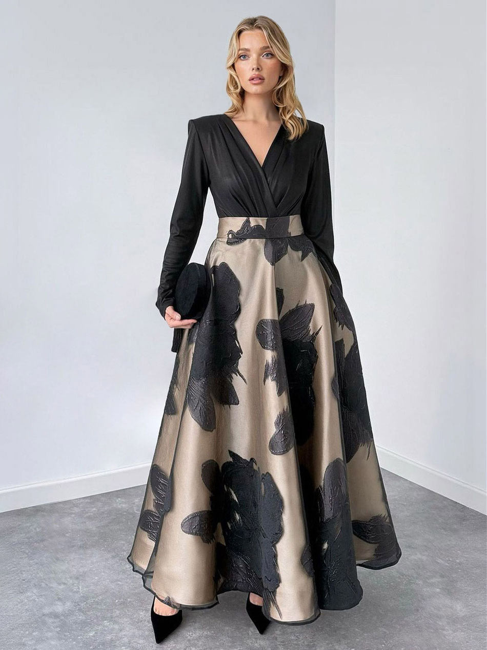 Dress in Organza — Long Sleeve V-Neck Floral Maxi with Full A-Line Skirt for Formal Events