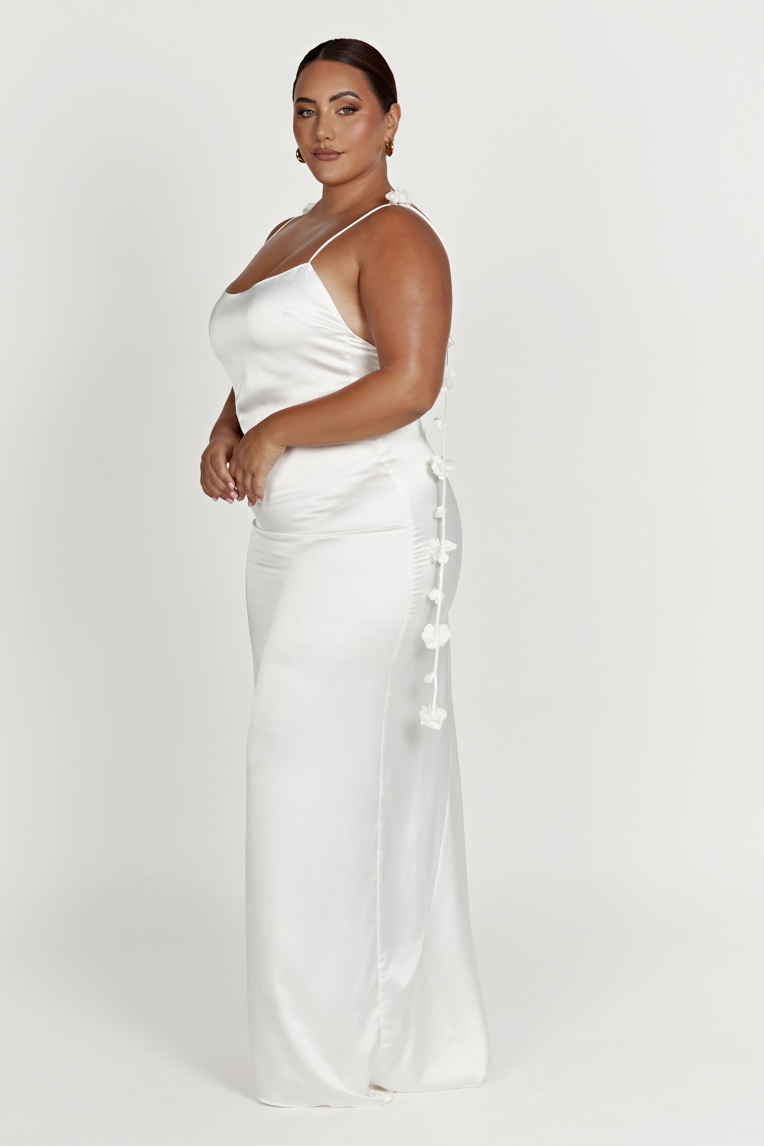 Dress in Satin — Backless Slip Maxi with 3D Floral Strap Detail for Bridal and Wedding