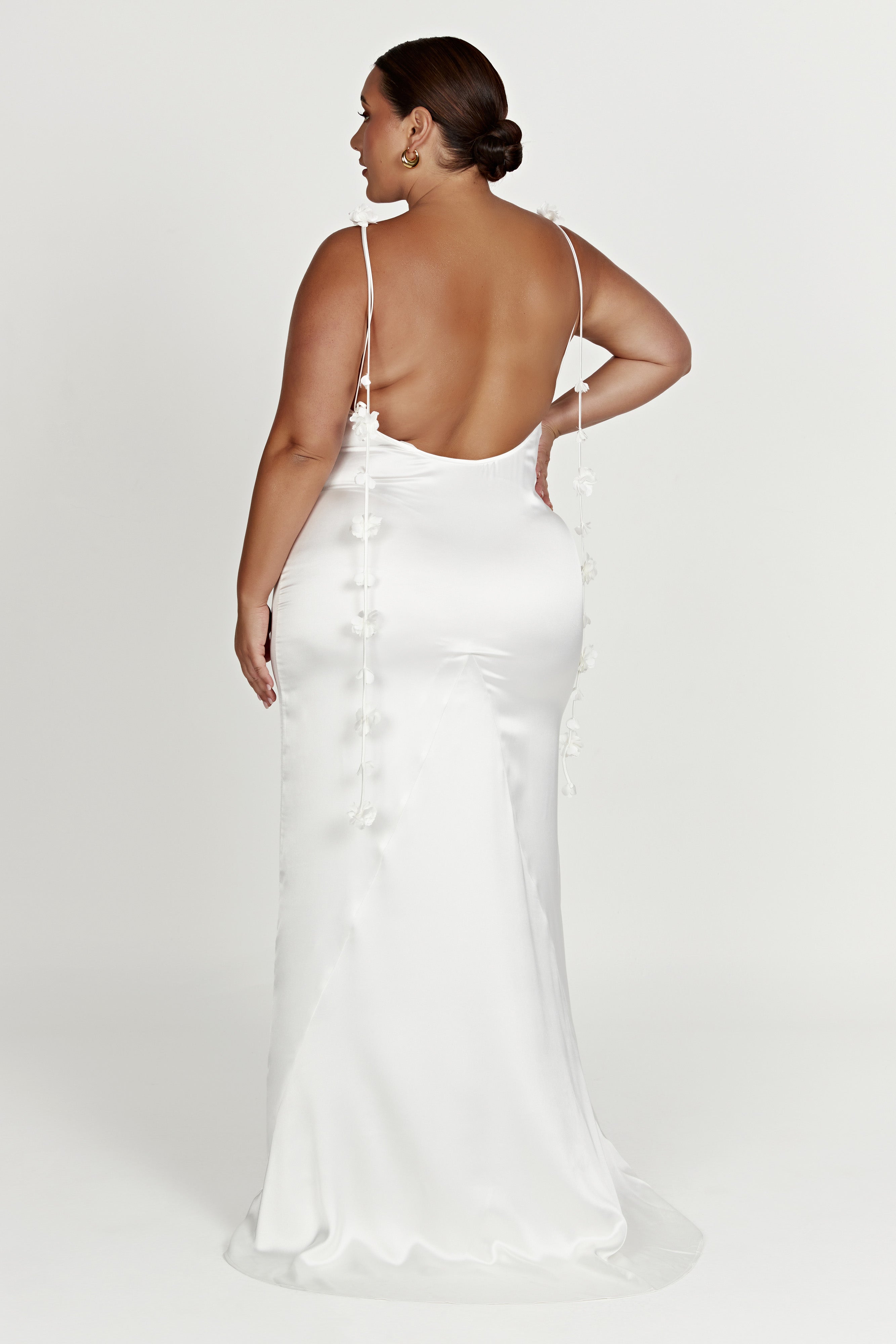 Dress in Satin — Backless Slip Maxi with 3D Floral Strap Detail for Bridal and Wedding
