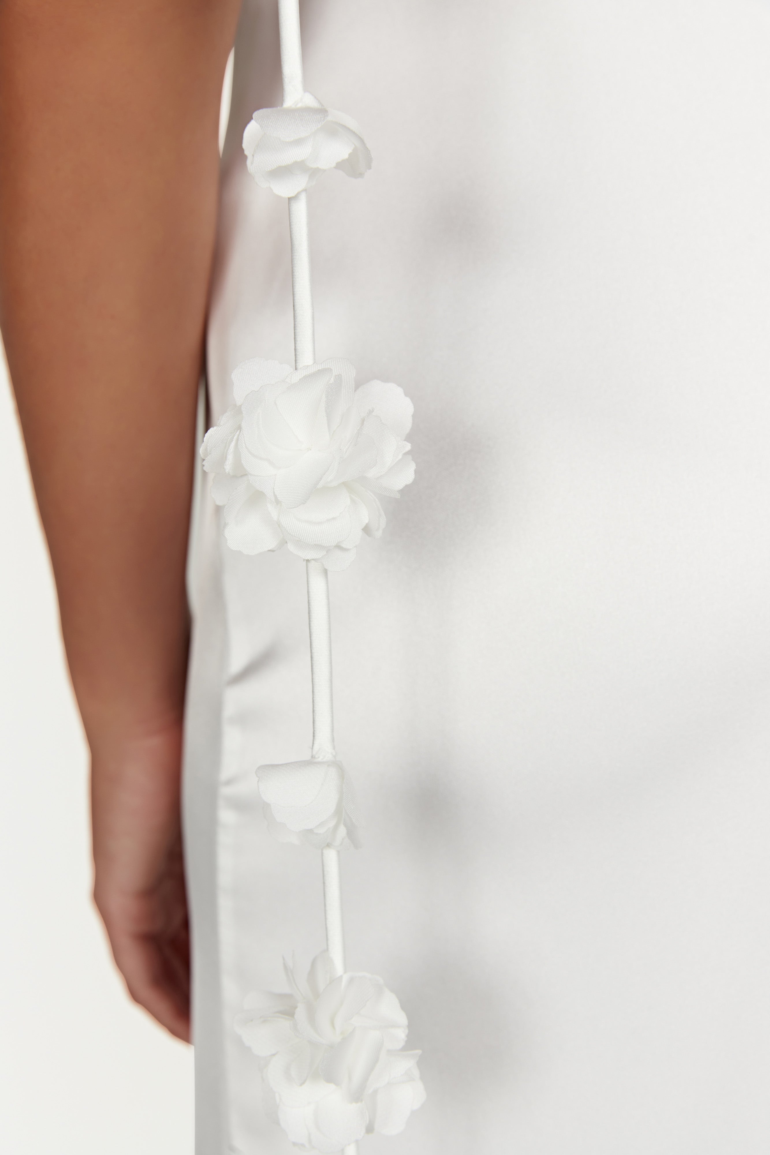 Dress in Satin — Backless Slip Maxi with 3D Floral Strap Detail for Bridal and Wedding