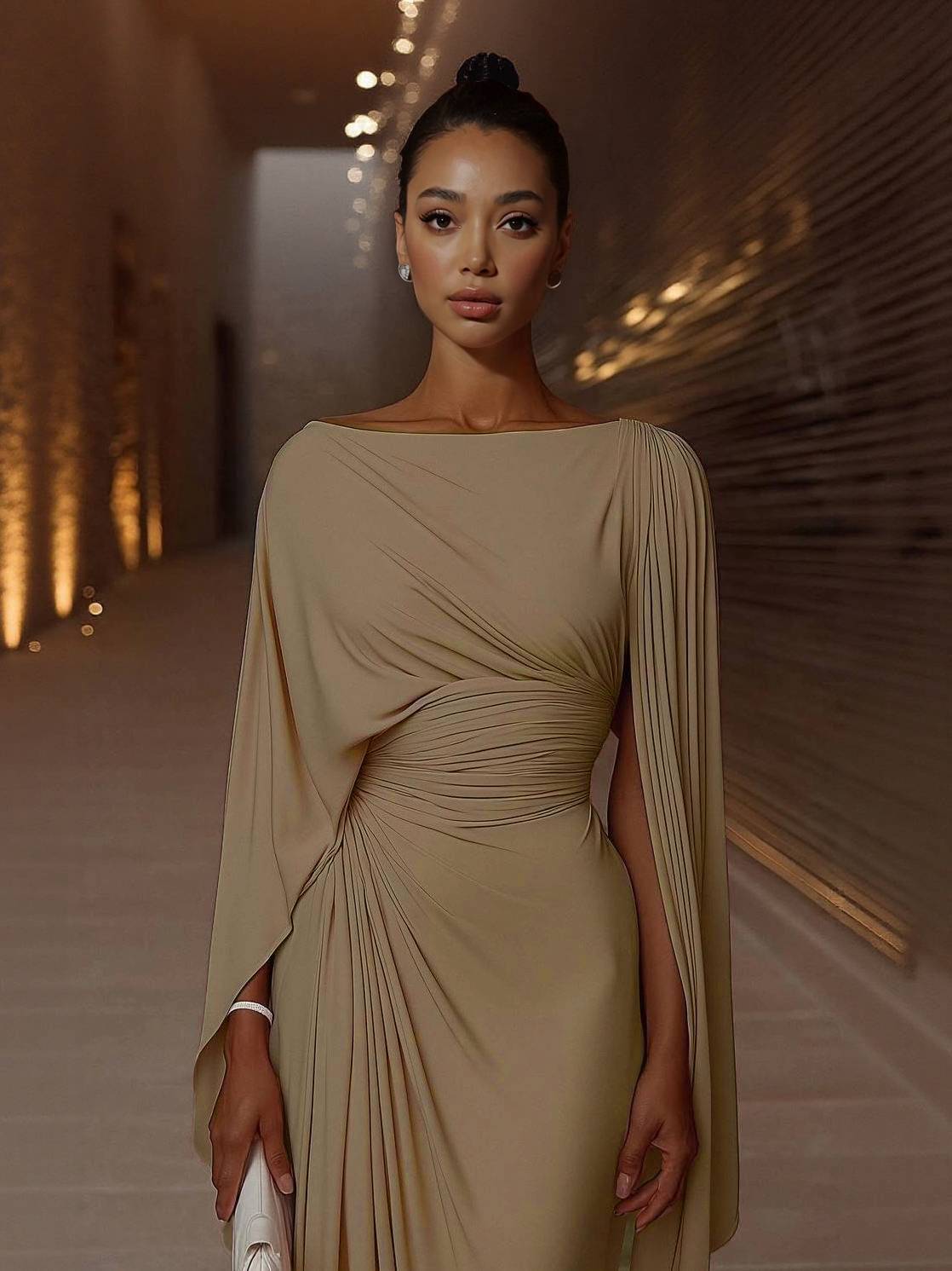 Dress in Chiffon — Cape Sleeve Maxi with Boat Neck and Ruched Waist for Formal Events
