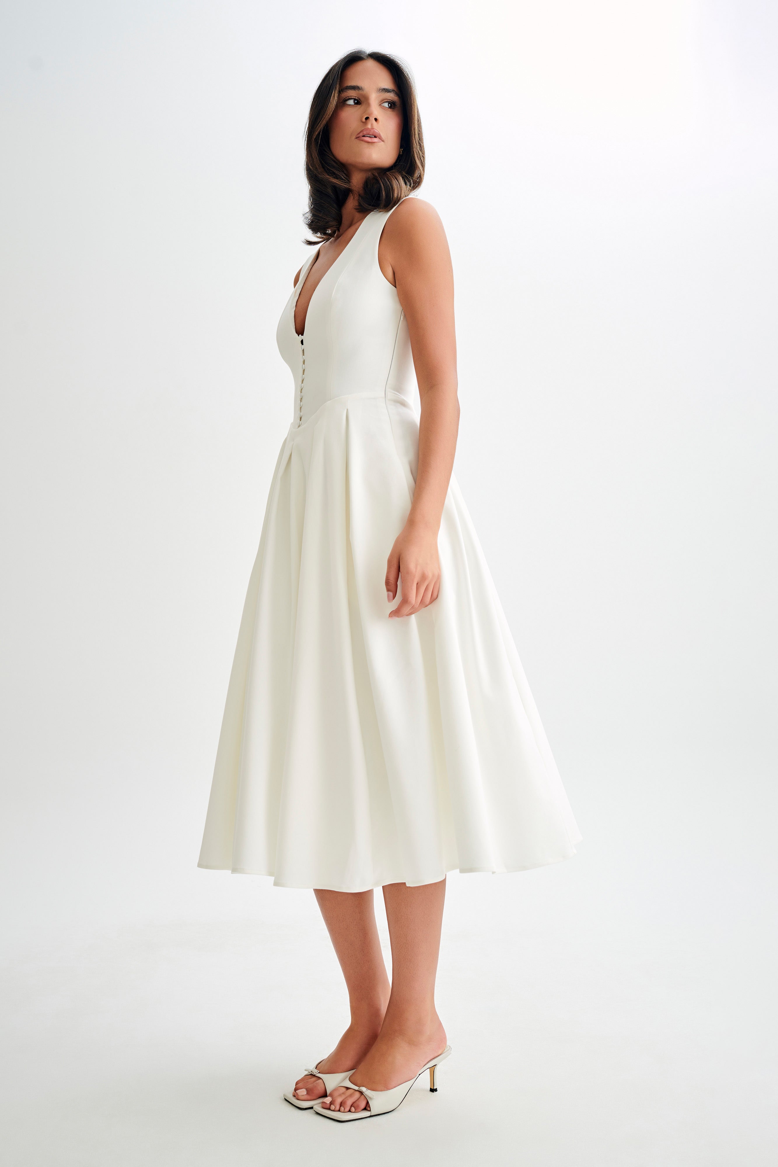 Dress in Satin — Sleeveless Deep V Neck A-Line Midi with Button Detail for Wedding Guest