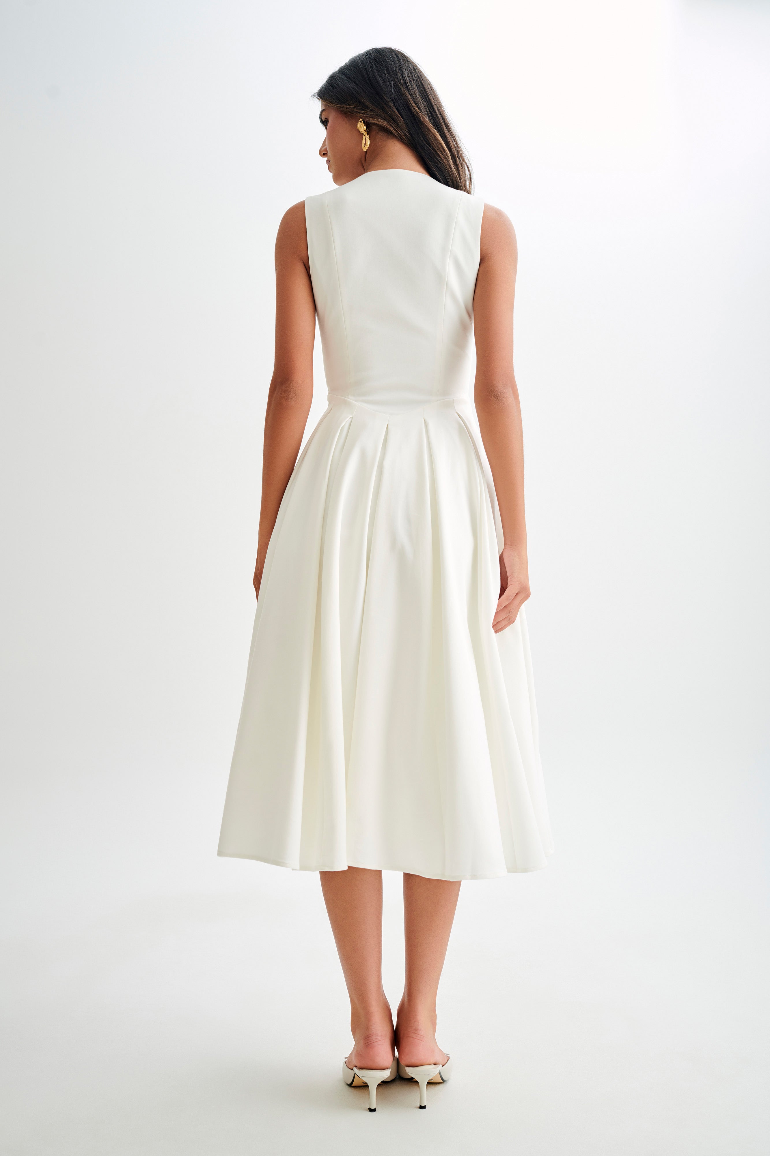 Dress in Satin — Sleeveless Deep V Neck A-Line Midi with Button Detail for Wedding Guest