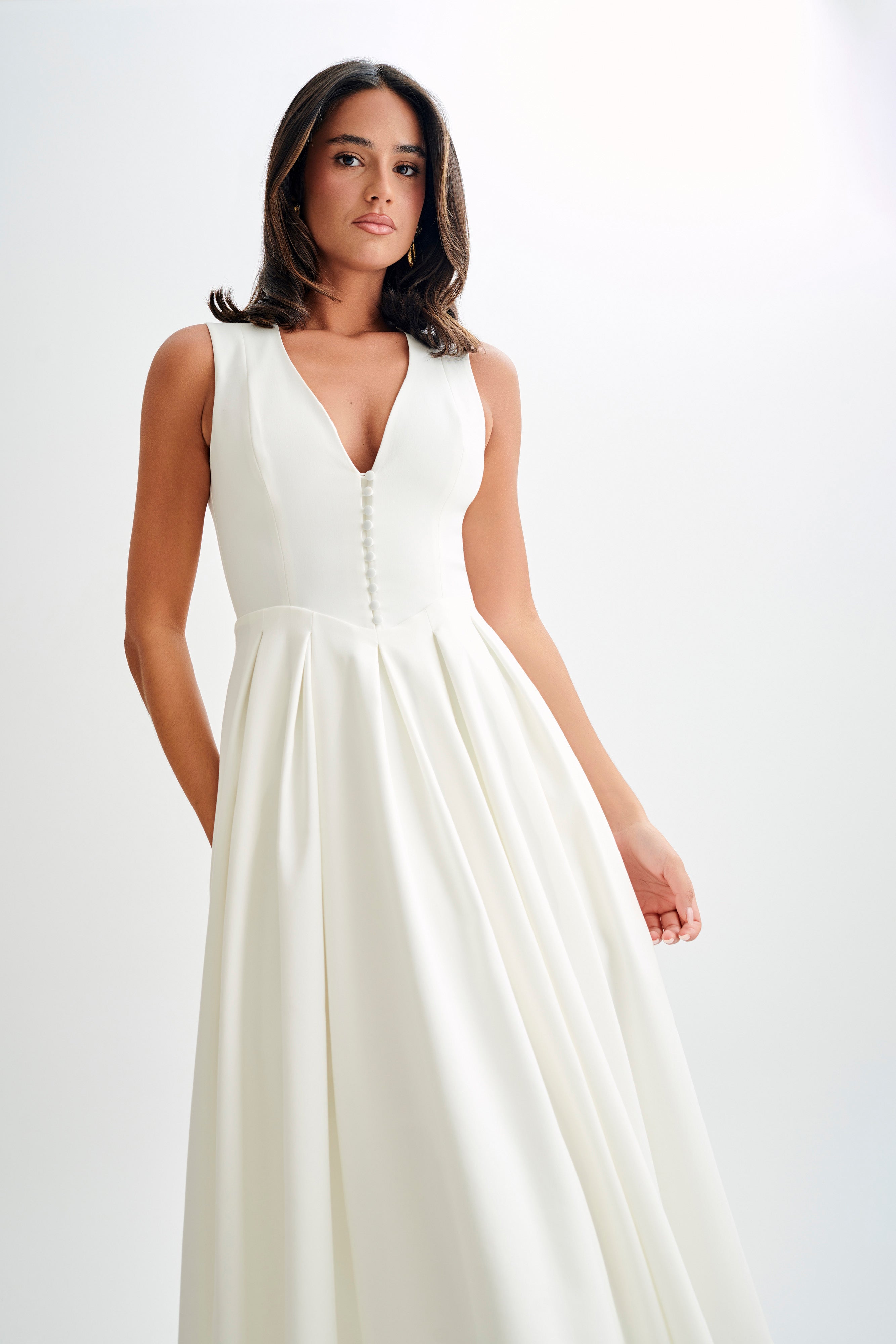Dress in Satin — Sleeveless Deep V Neck A-Line Midi with Button Detail for Wedding Guest