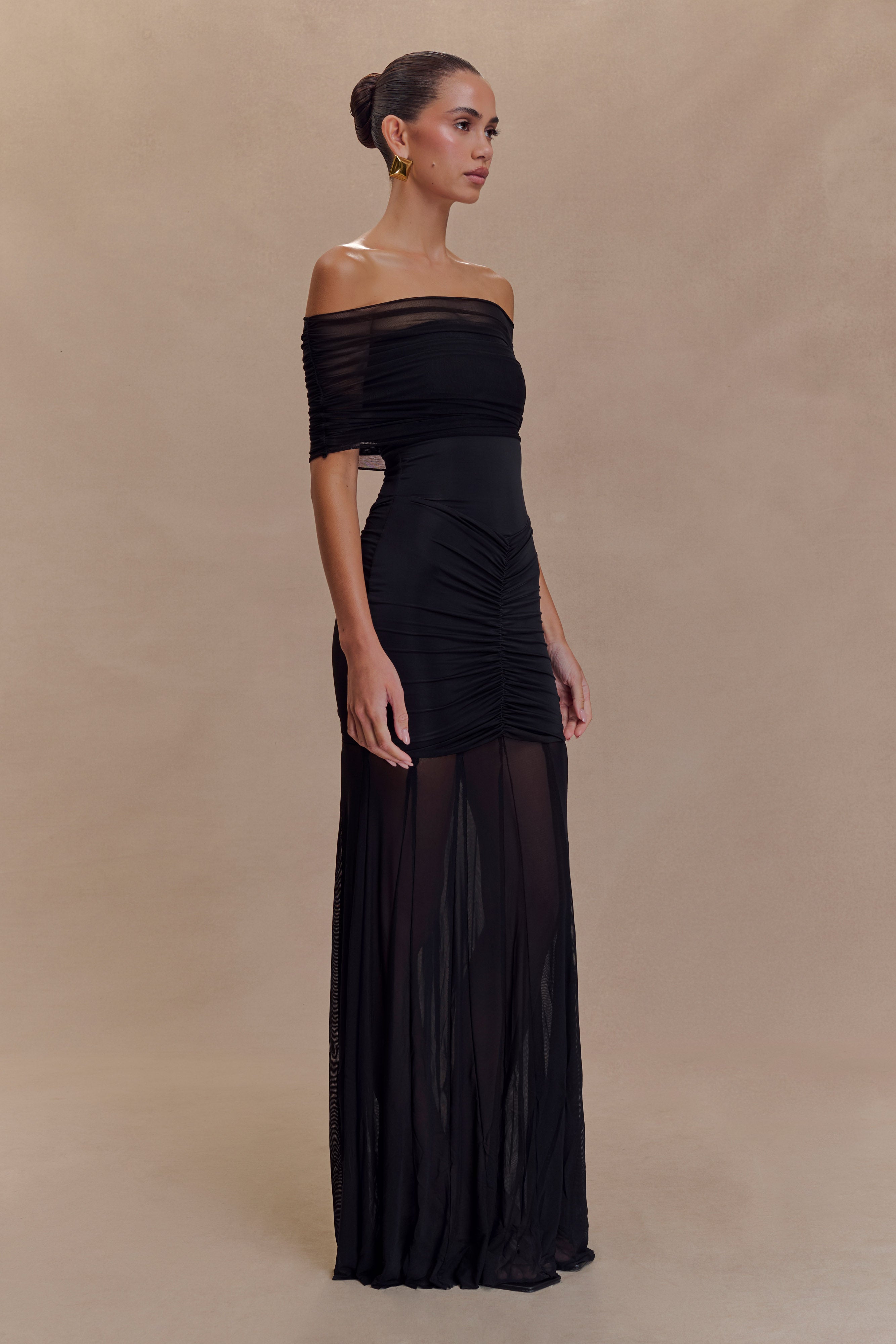 Dress in Stretch Mesh — Off Shoulder Ruched Bodycon Maxi with Sheer Skirt Panel