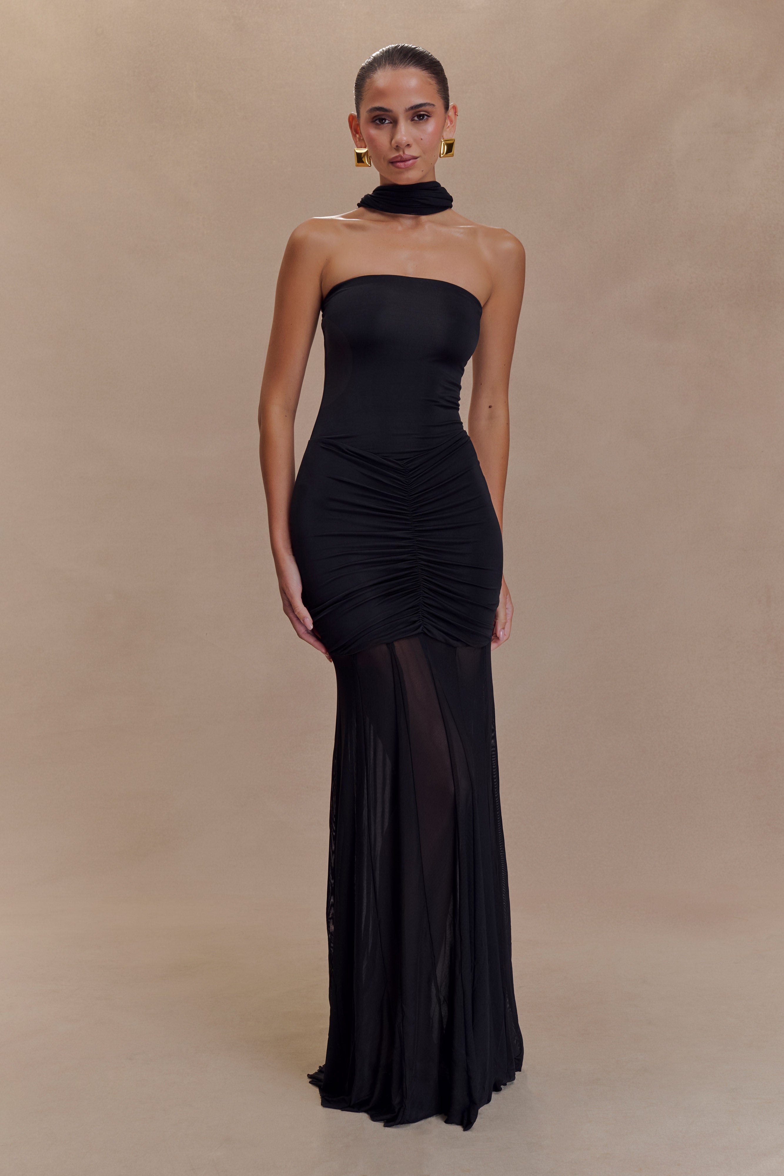 Dress in Stretch Mesh — Off Shoulder Ruched Bodycon Maxi with Sheer Skirt Panel