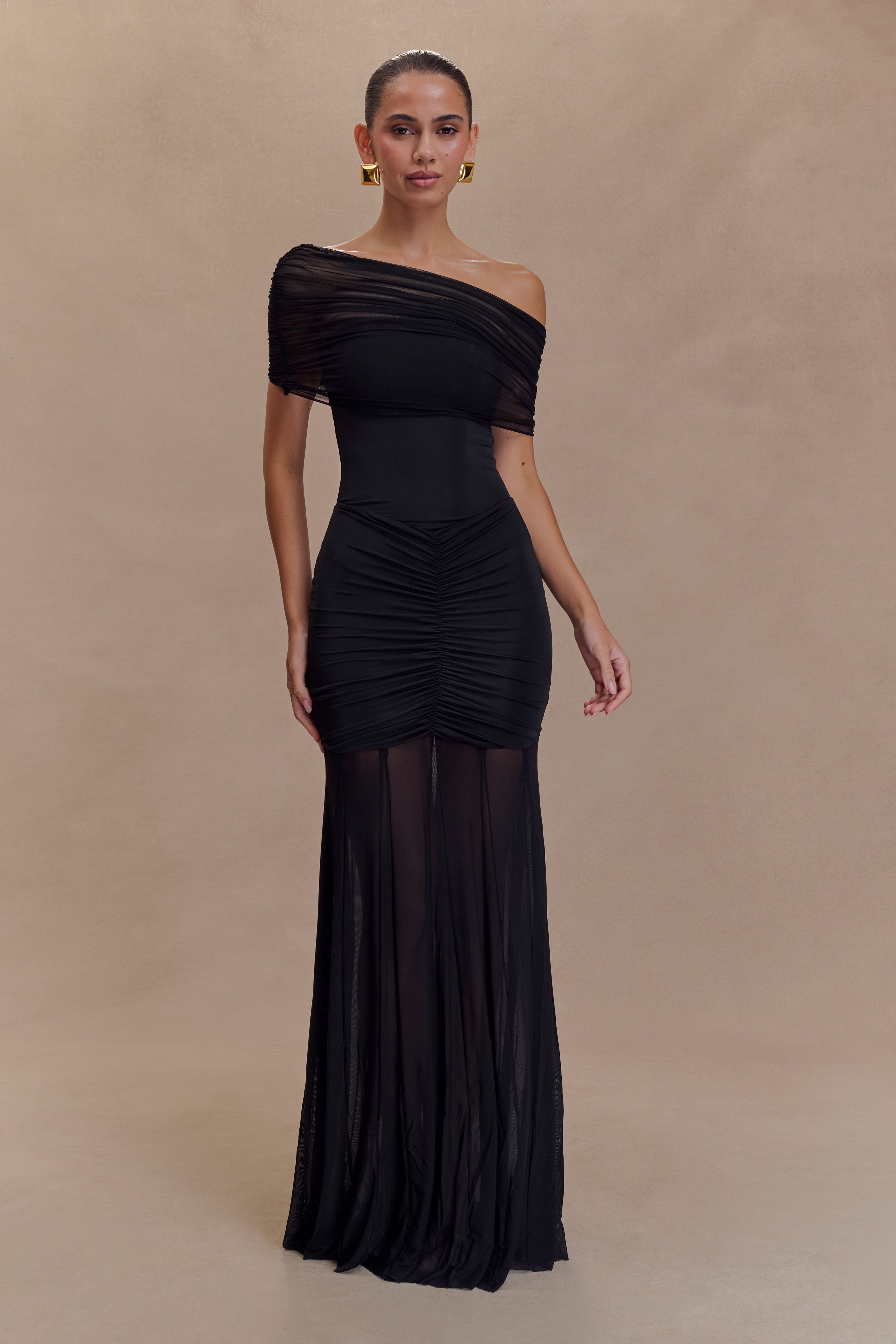 Dress in Stretch Mesh — Off Shoulder Ruched Bodycon Maxi with Sheer Skirt Panel