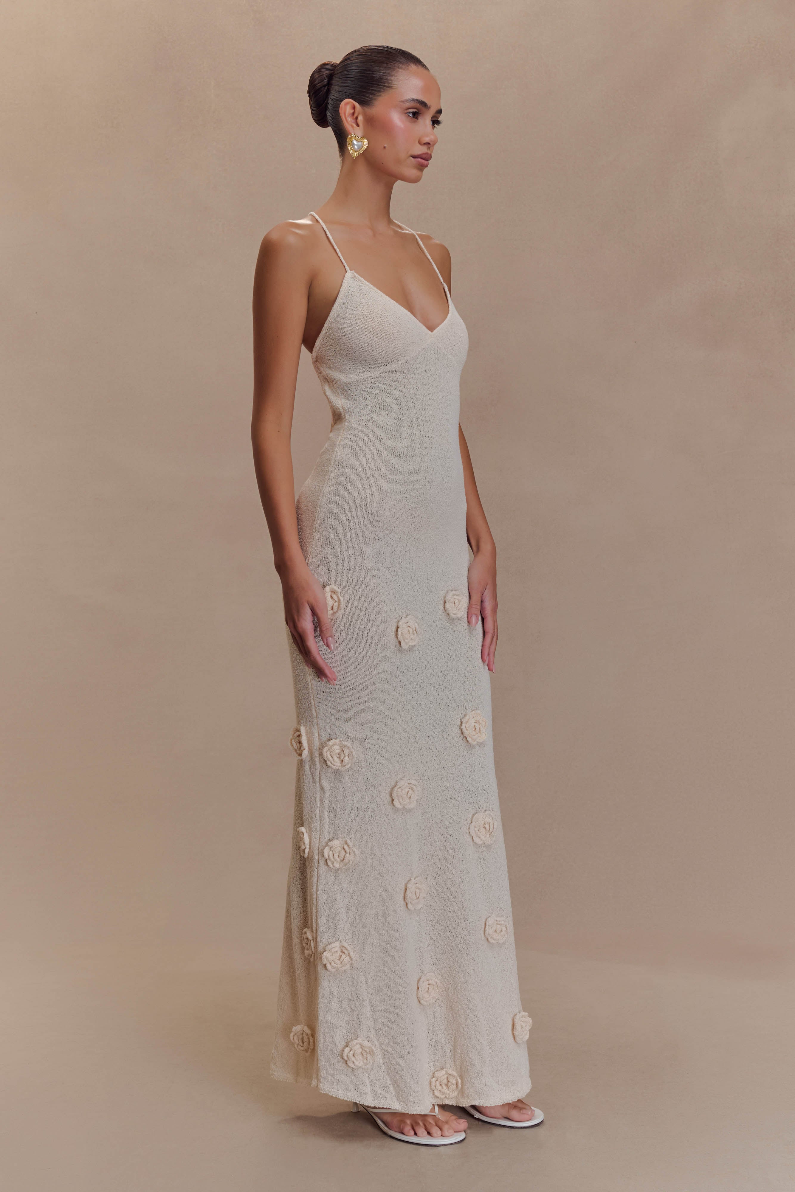 Dress in Knit — Spaghetti Strap V-Neck Bodycon Maxi with 3D Floral Appliqué and Open Back