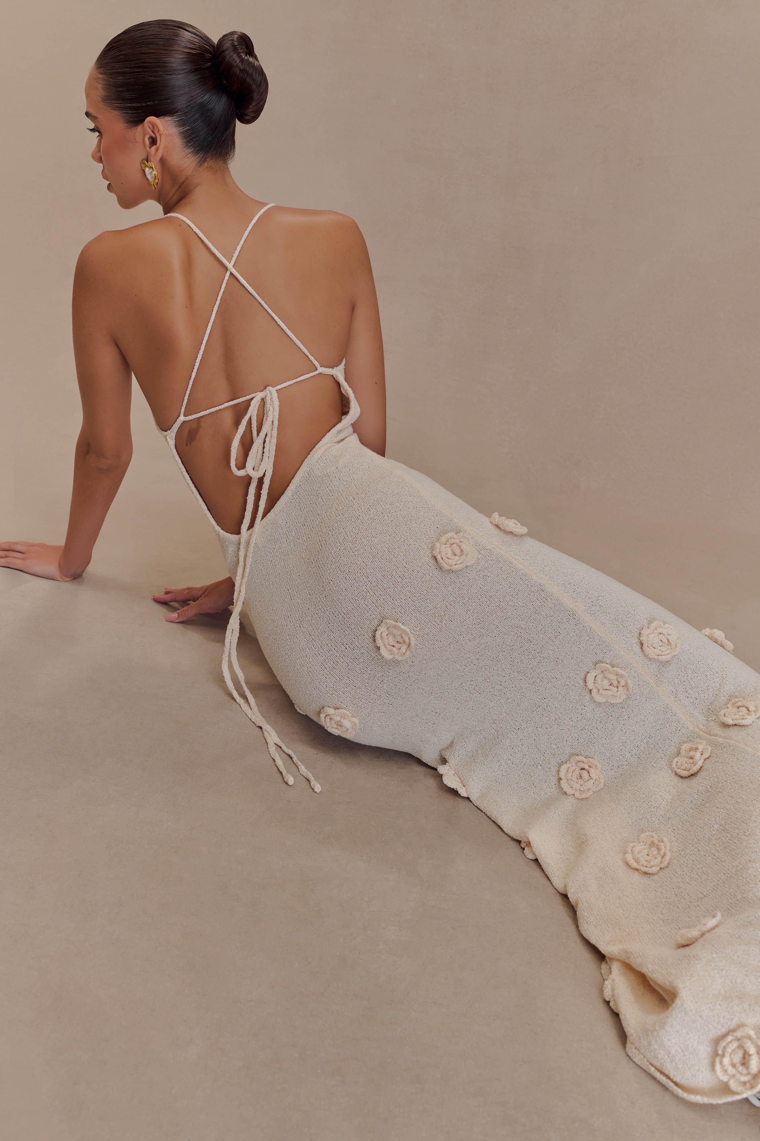 Dress in Knit — Spaghetti Strap V-Neck Bodycon Maxi with 3D Floral Appliqué and Open Back