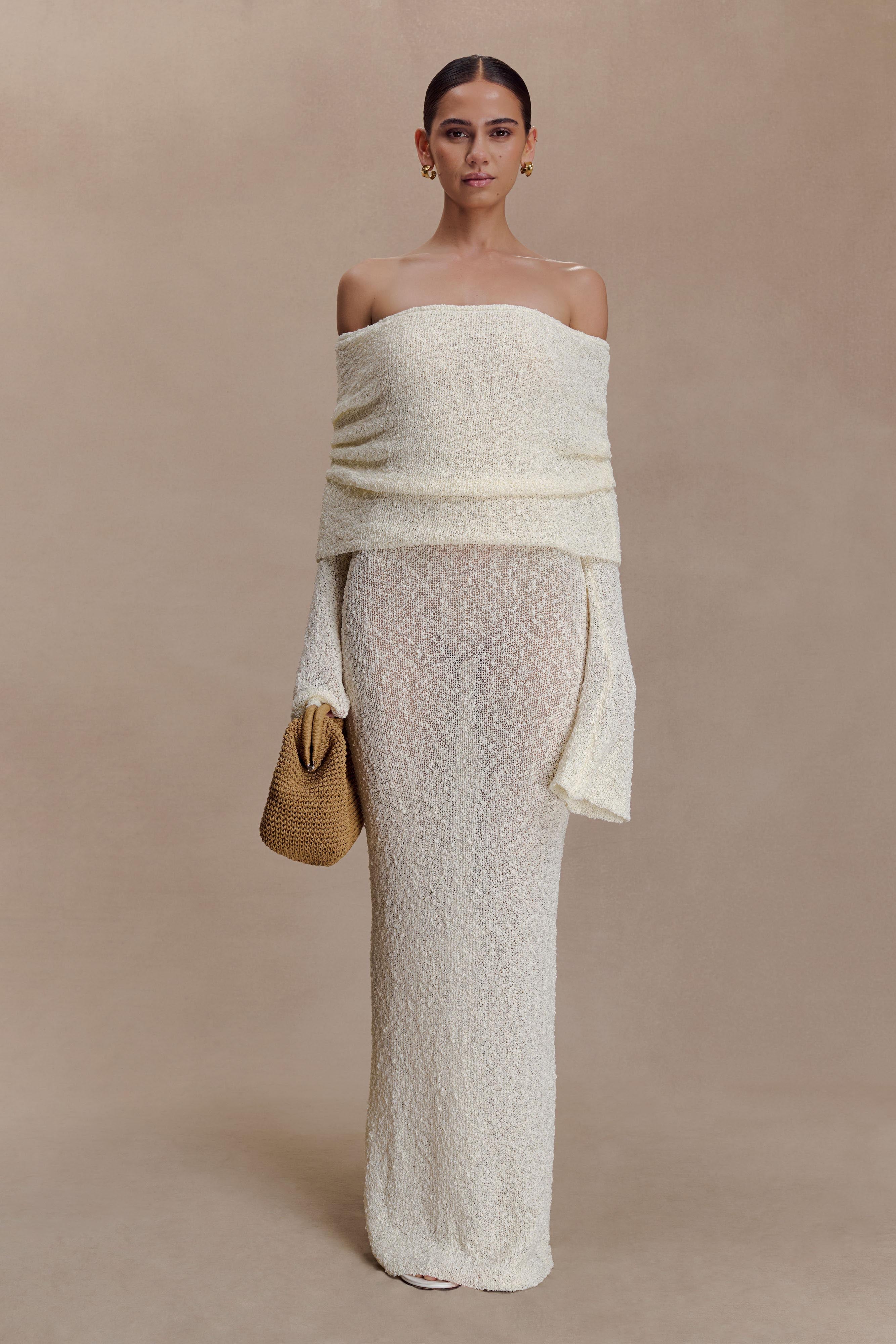 Dress in Knit — Off Shoulder Long Sleeve Bodycon Maxi with Draped Foldover for Formal Occasions