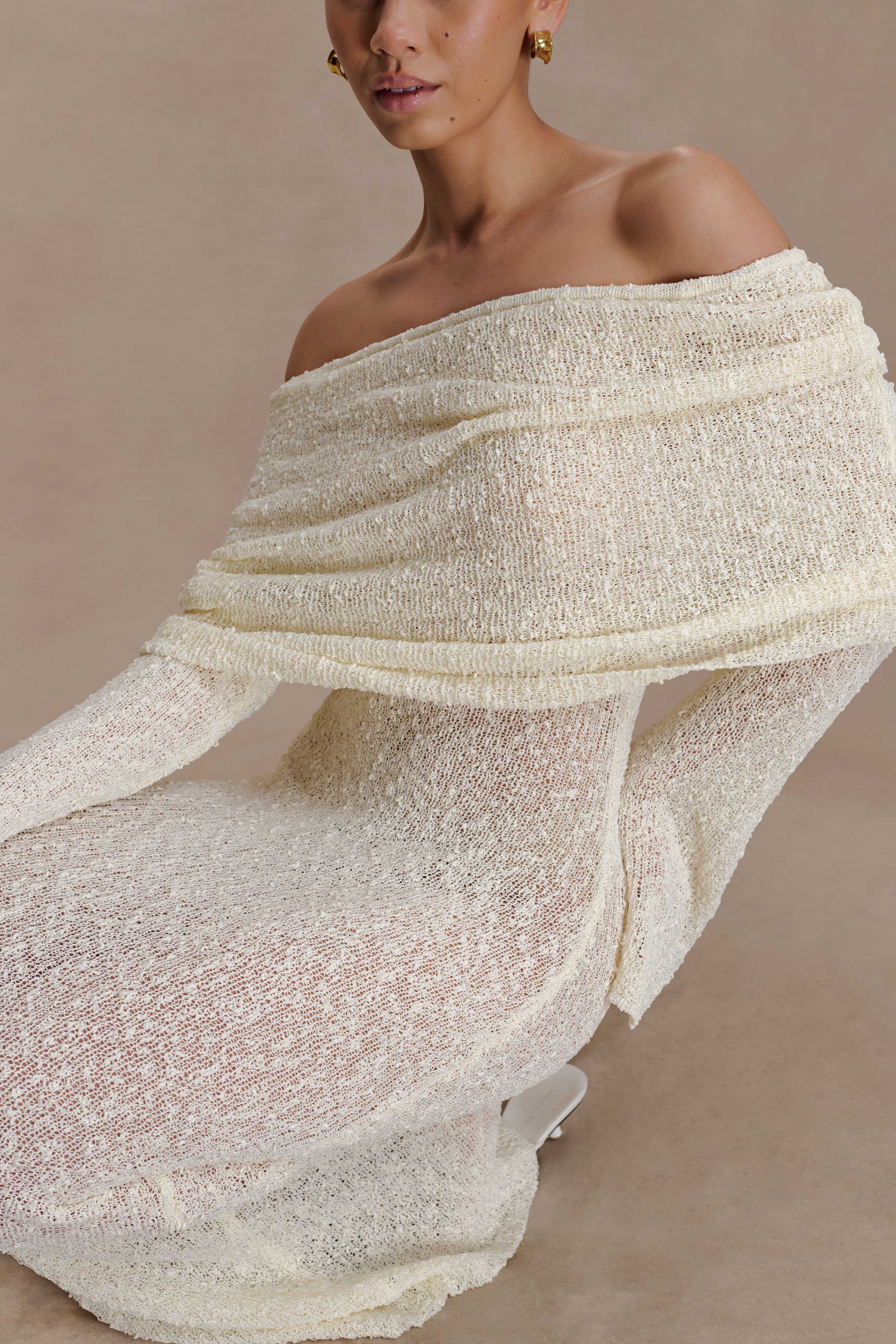 Dress in Knit — Off Shoulder Long Sleeve Bodycon Maxi with Draped Foldover for Formal Occasions