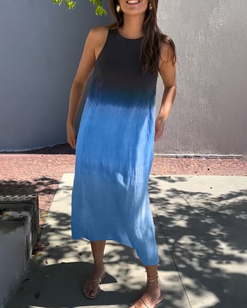 Dress in Viscose Ombre Midi — Sleeveless Crew Neck with Side Slit for Summer