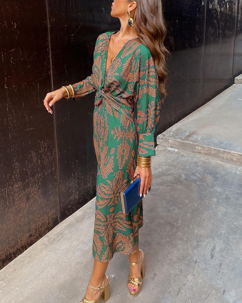 Dress in Viscose Midi — Long Sleeve Twist Front with Deep V-Neck and Botanical Print