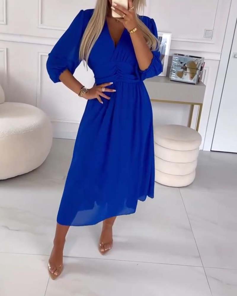 Dress in Chiffon — V Neck Puff Sleeve Midi with Ruched Waist for Evening