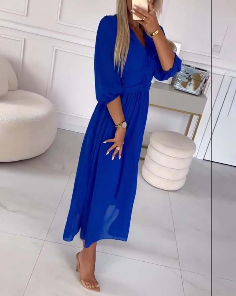 Dress in Chiffon — V Neck Puff Sleeve Midi with Ruched Waist for Evening