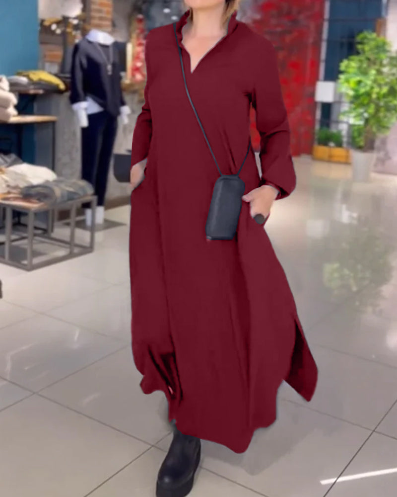 Dress in Linen — Long Sleeve Casual Loose Maxi with Stand Collar and Side Pockets