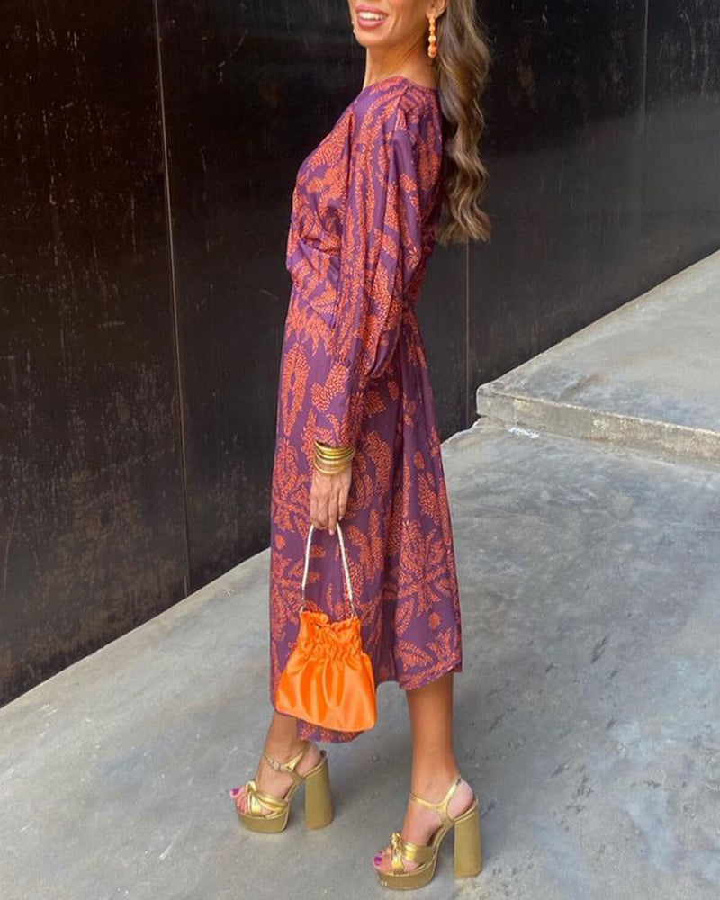 Dress in Viscose Midi — Long Sleeve Twist Front with Deep V-Neck and Botanical Print
