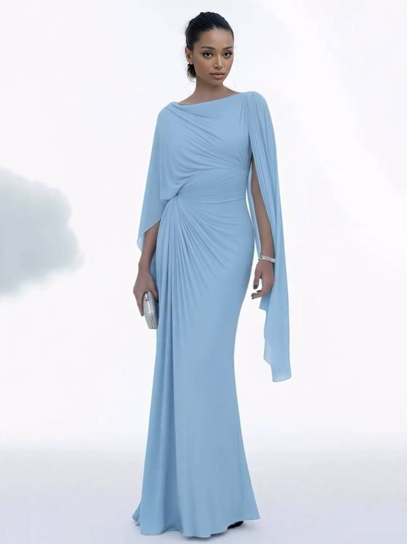 Dress in Chiffon — Cape Sleeve Maxi with Boat Neck and Ruched Waist for Formal Events